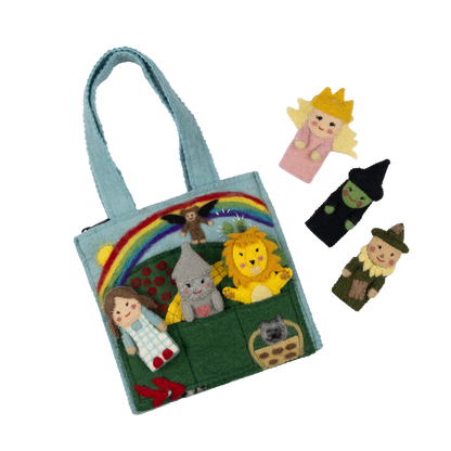 Felt puppet bag for kids with colorful characters and six separate puppets on a white background | Global Goods Partners