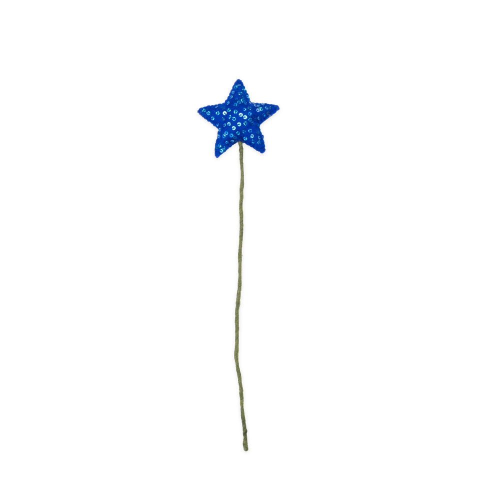 Fair trade felt blue star-shaped object on a stick against a white background | Global Goods Partners