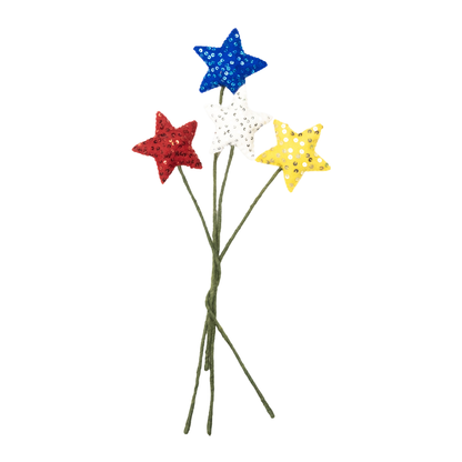 Four handmade, fair trade star-shaped stems in red, blue, and yellow on a white background | Global Goods Partners