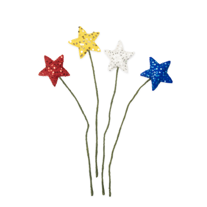 Four star-shaped stems in red, yellow, white, and blue on green stems against a white background, handmade by women artisans in Nepal | Global Goods Partners
