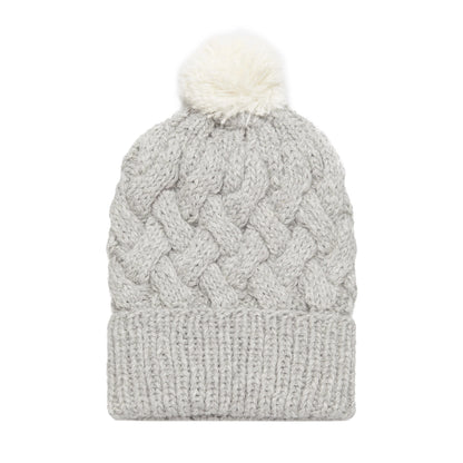Grey Pom Pom Cable Knit Hat