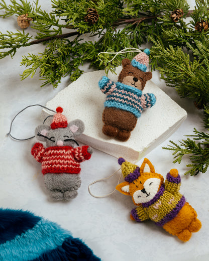 Felt Animals with Knit Sweater Ornaments