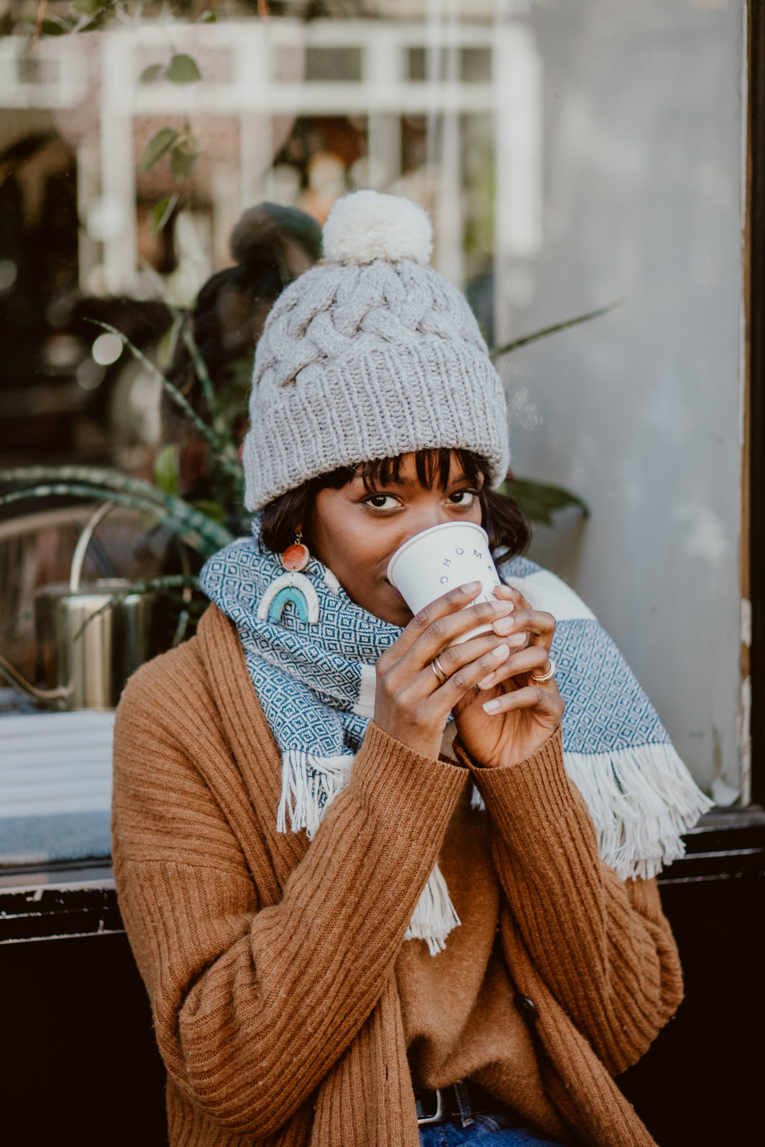 Grey Pom Pom Cable Knit Hat