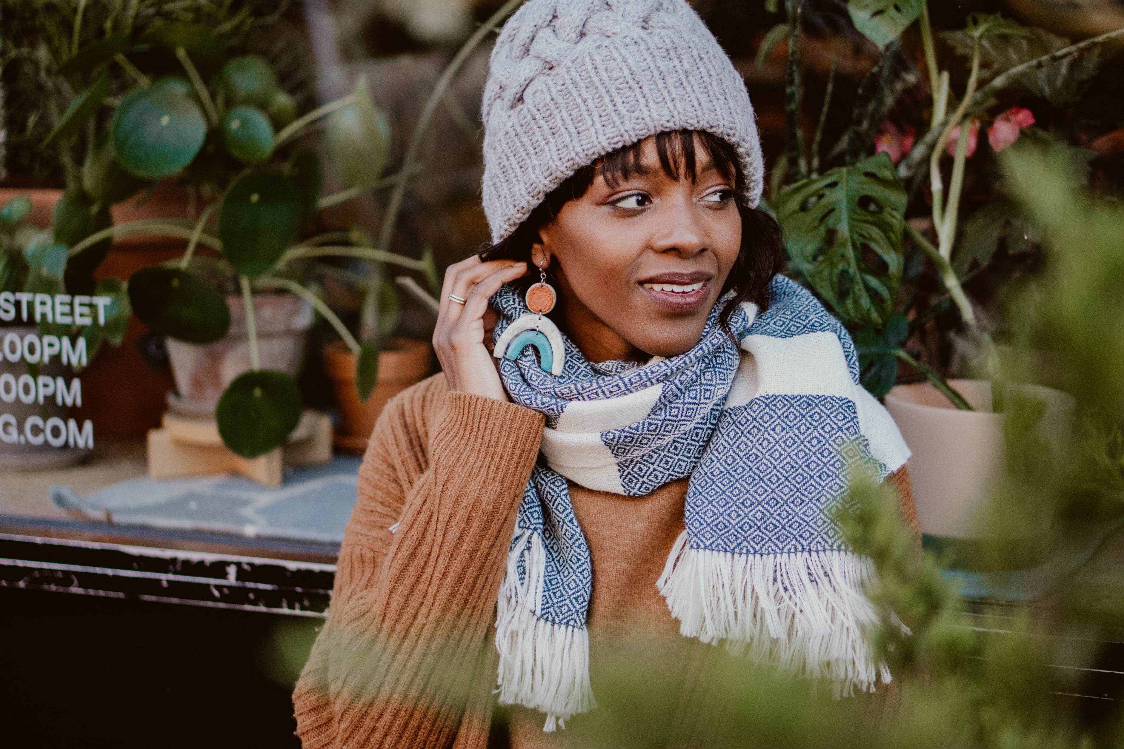 Grey Pom Pom Cable Knit Hat