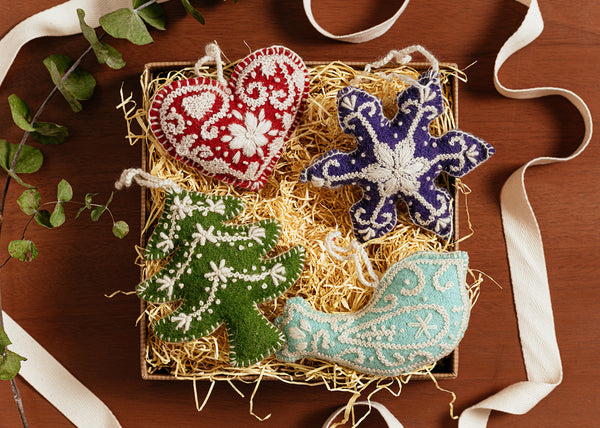 Embroidered Wool Ornaments - Set of 4