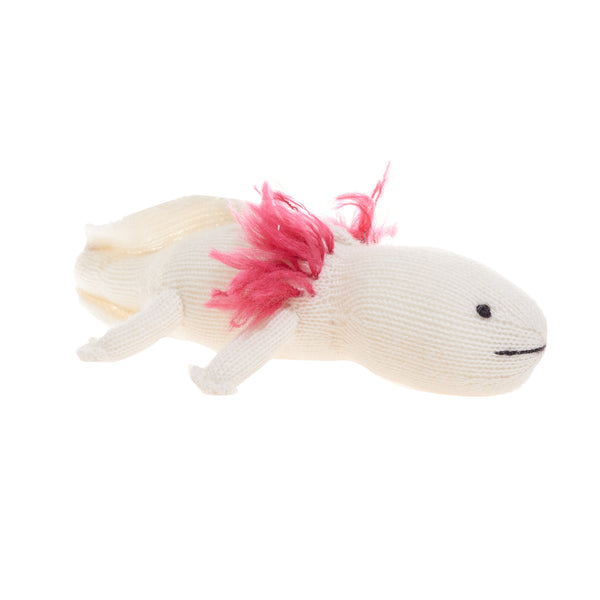 Axolotl plush toy handknit in Peru. Trendy and cool water animal also knows as Mexican Walking Fish. White with hot pink, fluffy details. Fair trade gift for kids.