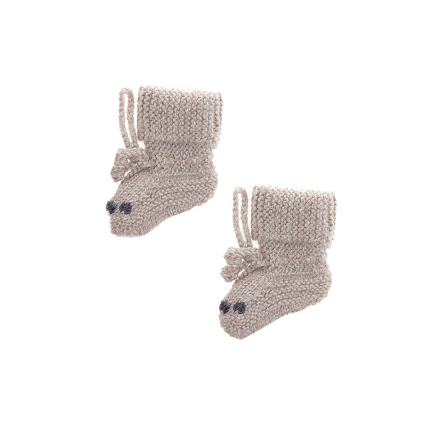 Knit Baby Slippers with bear paw details. Cute gender neutral light brown wool. Fair trade from Peru by Global Goods Partners