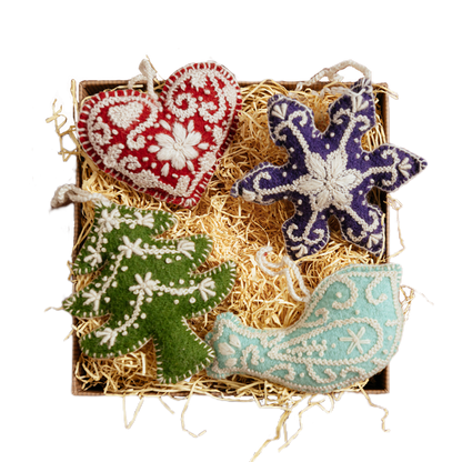 Embroidered Wool Ornaments - Set of 4